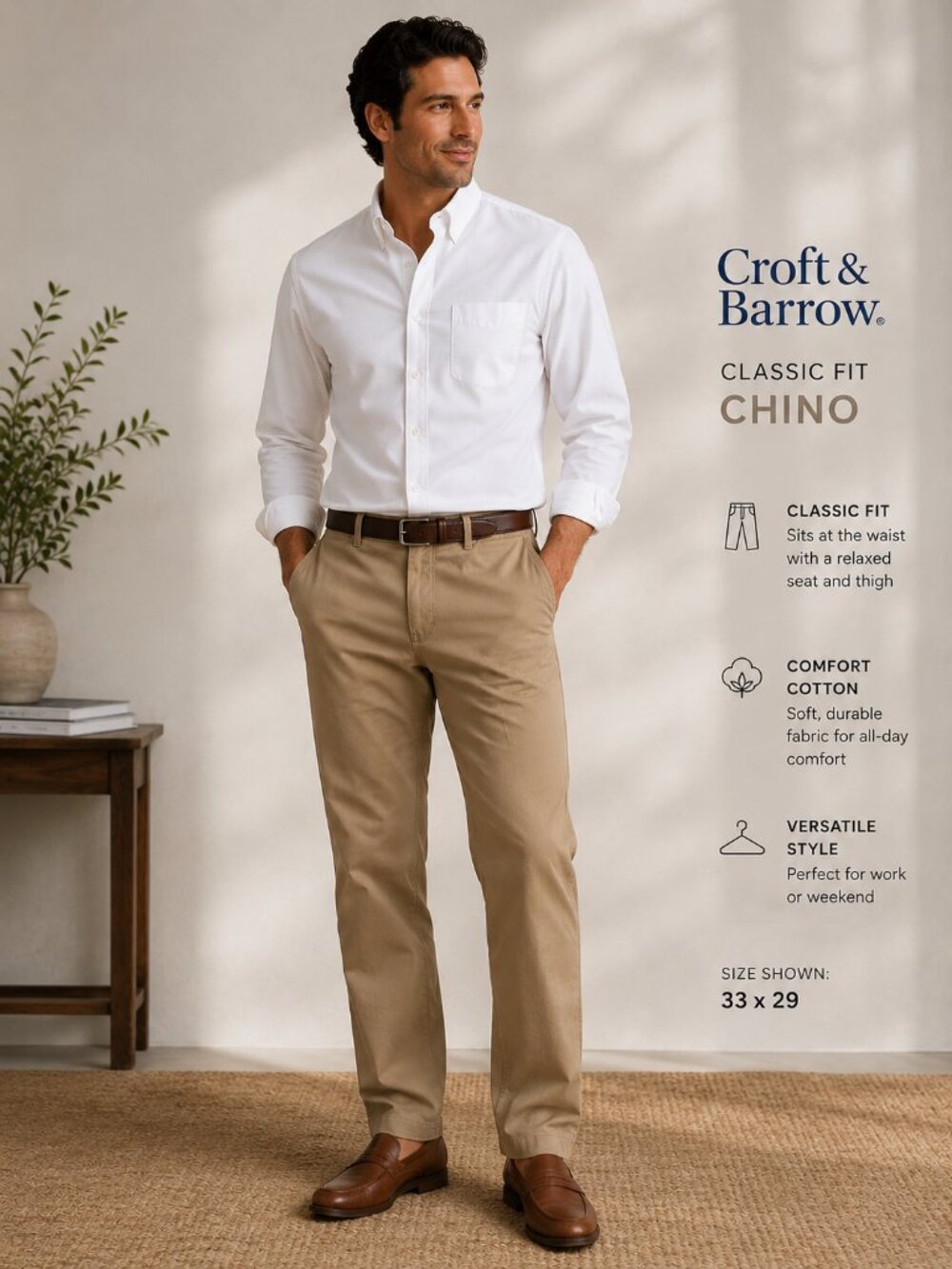 Croft & Barrow caramel brown classic fit flat front chinos size 33x29 NWT